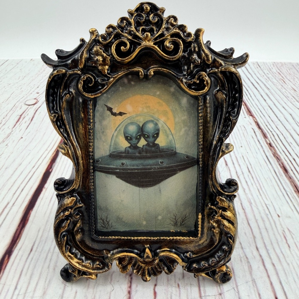 Handmade Alien UFO Decoupage Art Ornate Gothic Black Gold Resin Frame